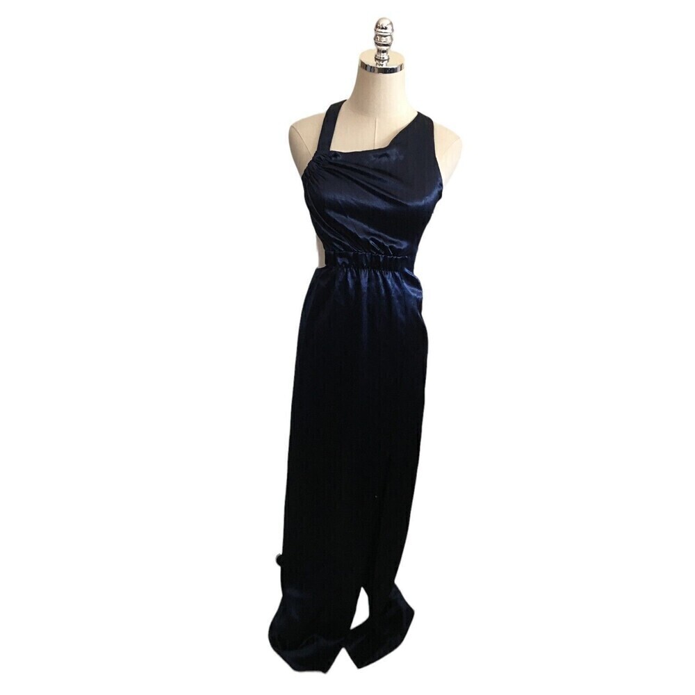 Avec Les Filles Dress Women's Size 0 Navy Blue Maxi Sleeveless Silky Sleek